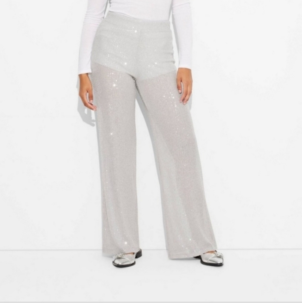 Women's Mid-Rise Wide Leg Holiday Sequin Pants - Wild Fable Gray/Silver XS